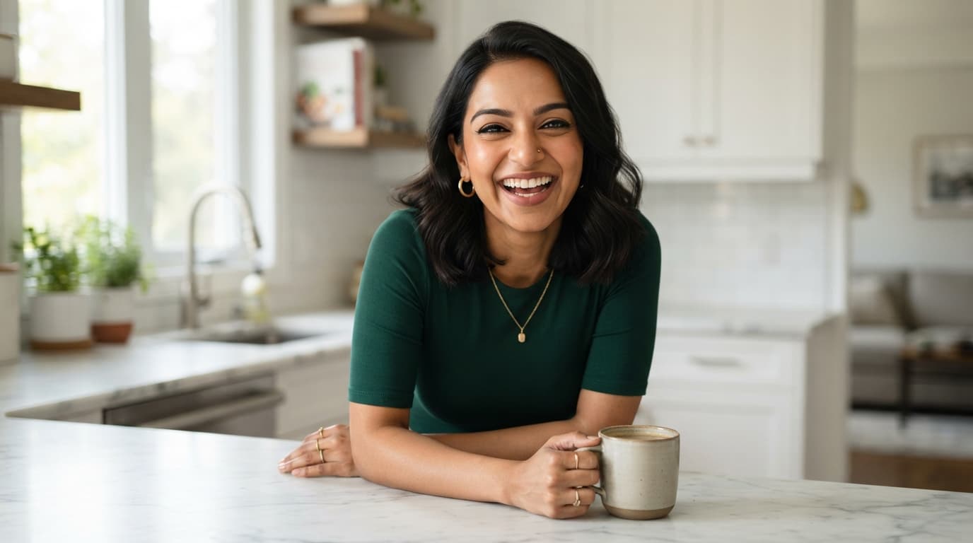 A smiling homeowner relaxing in her freshly cleaned kitchen